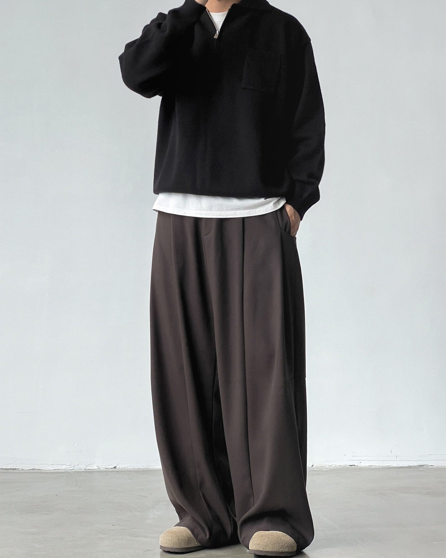 Pantaloni Larghi Uomo con Pinces in Misto Lana