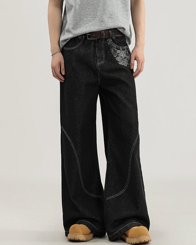 Jeans Larghi Uomo con Cuciture a Contrasto
