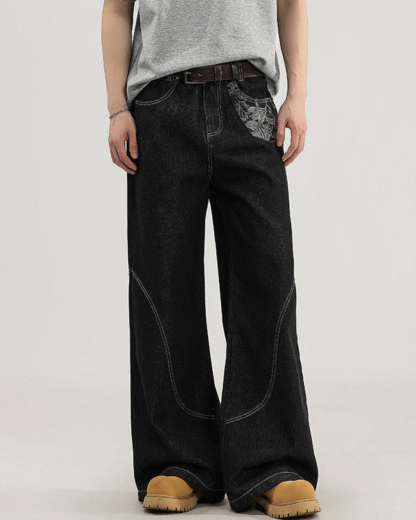 Jeans Larghi Uomo con Cuciture a Contrasto