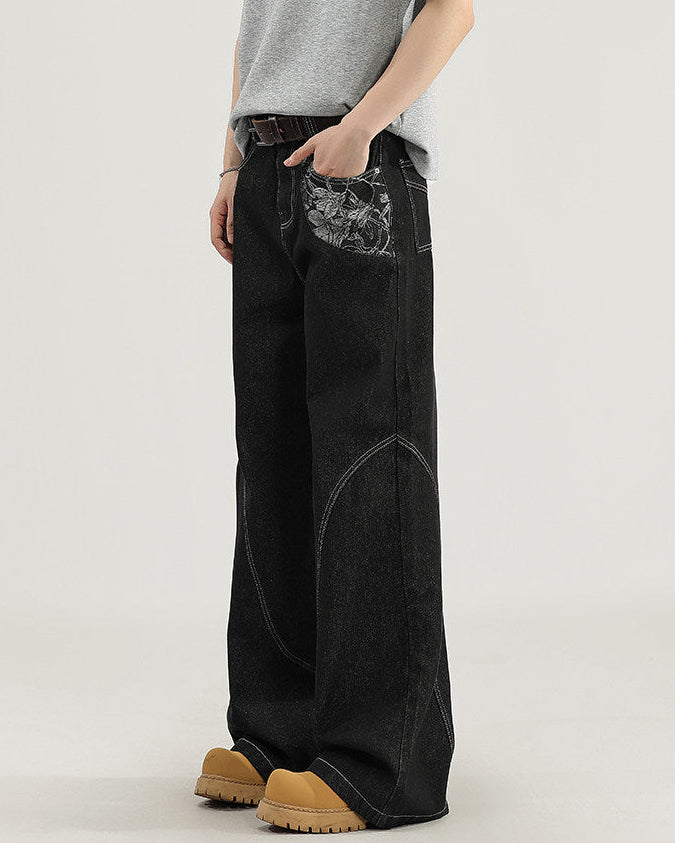 Jeans Larghi Uomo con Cuciture a Contrasto