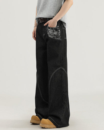Jeans Larghi Uomo con Cuciture a Contrasto