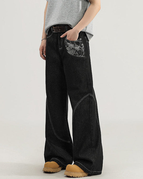 Jeans Larghi Uomo con Cuciture a Contrasto