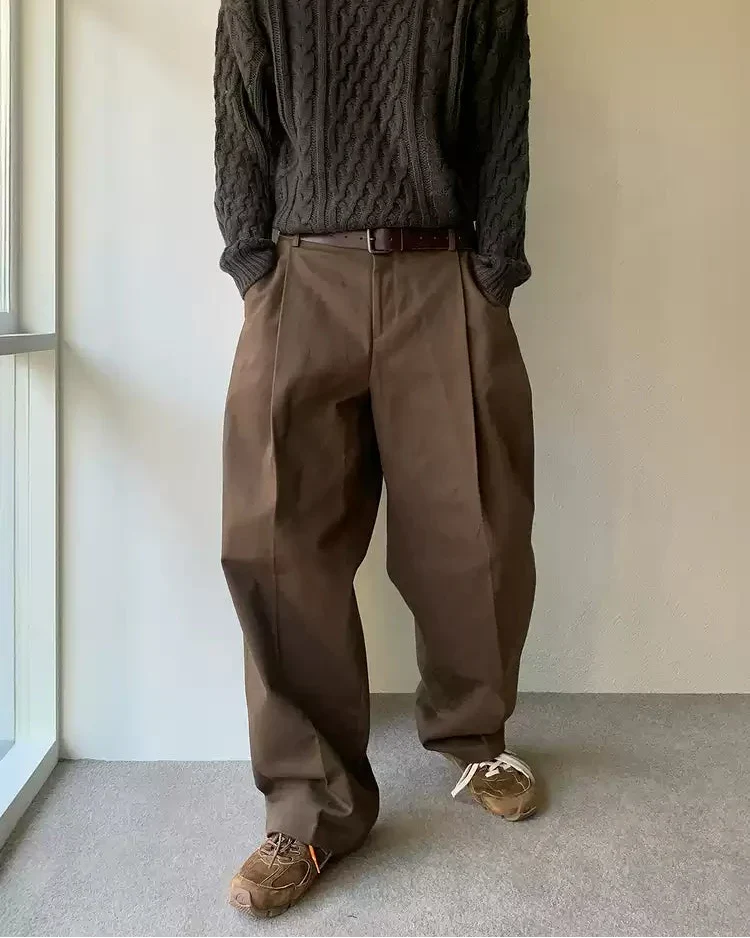 Pantaloni Larghi Uomo Vita Alta con Pinces in Lino