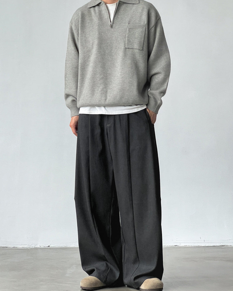 Pantaloni Larghi Uomo con Pinces in Misto Lana