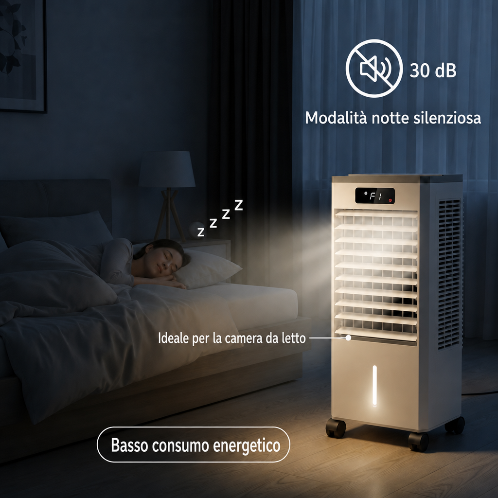 raffrescatore evaporativo silenzioso con modalità notte da 30 dB per camera da letto