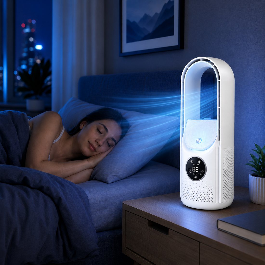 raffrescatore portatile silenzioso acceso accanto al letto per dormire al fresco