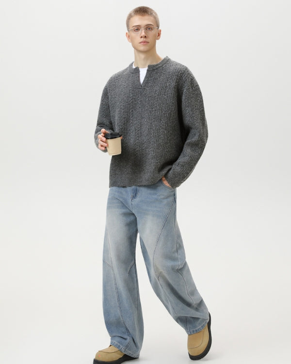 Maglione Uomo a Trecce Scollo a V in Lana