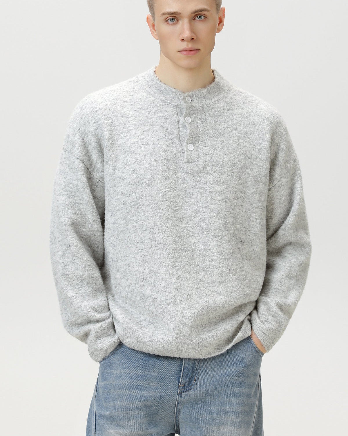 Maglione Uomo Oversize con Colletto Polo in Misto Lana