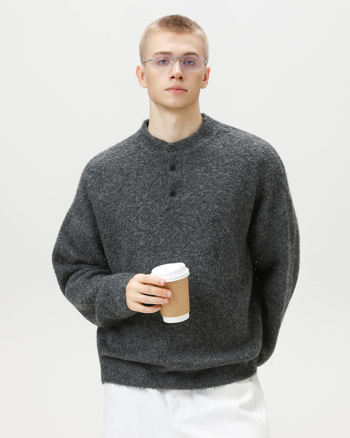 Maglione Uomo Oversize con Colletto Polo in Misto Lana