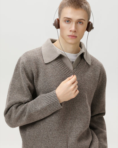 Maglione Uomo Scollo a V con Colletto in Lana