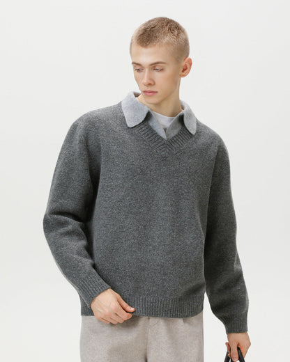 Maglione Uomo Scollo a V con Colletto in Lana