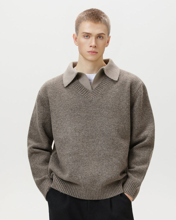 Maglione Uomo Scollo a V con Colletto in Lana